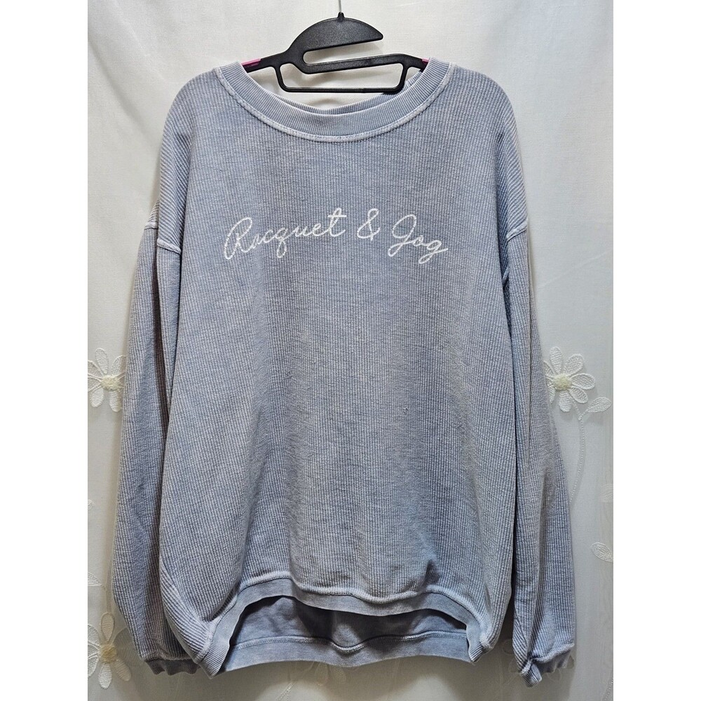 Chica-d Womens XL Blue Sweater Racquet & Jog Ribbed Winter Fall Crewneck Comfy